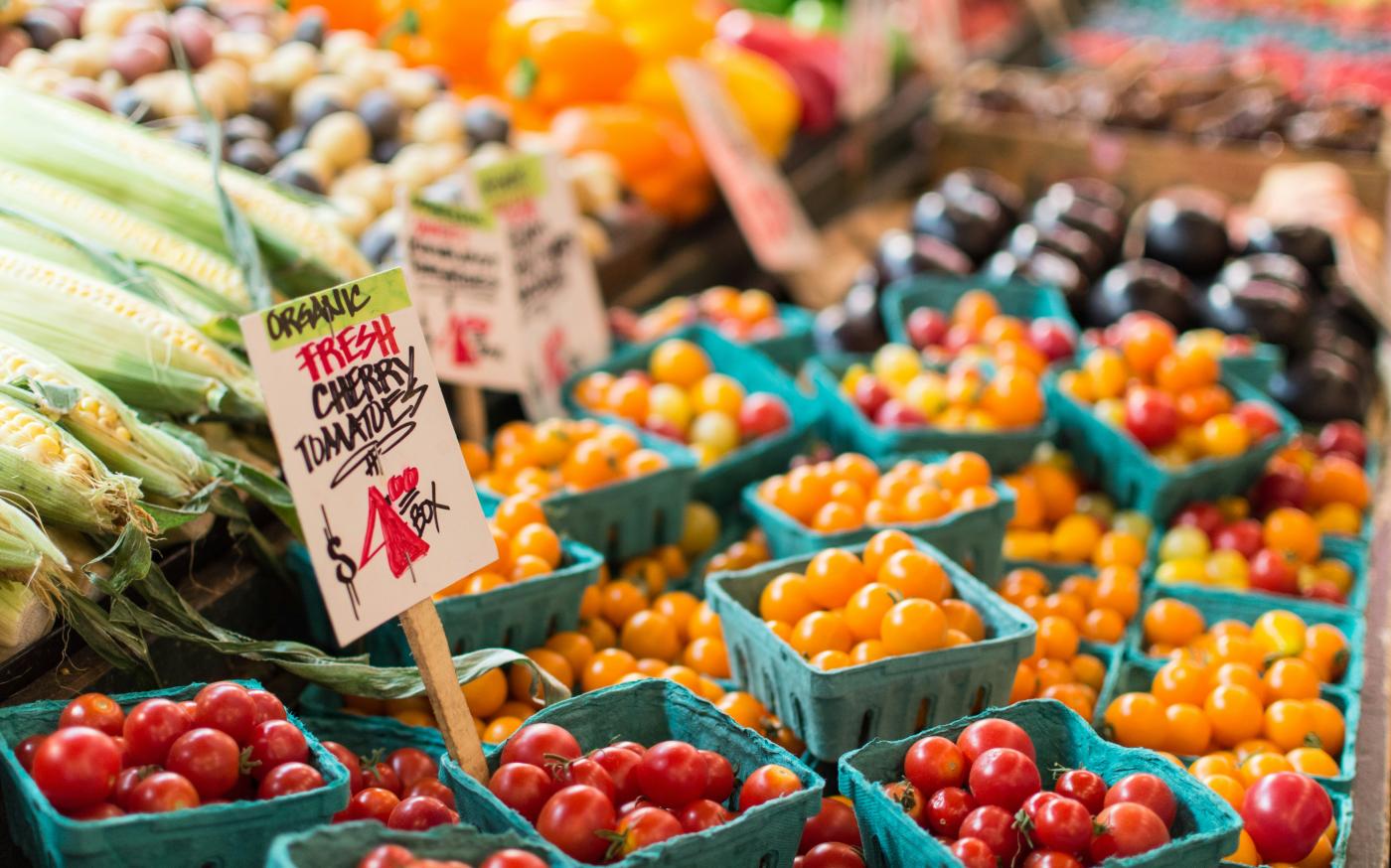 red tomato lot on blue baskets by Anne Preble courtesy of Unsplash.